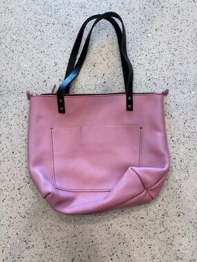 Soft Pink Leather Tote with Black Straps 15 inch’s wide.